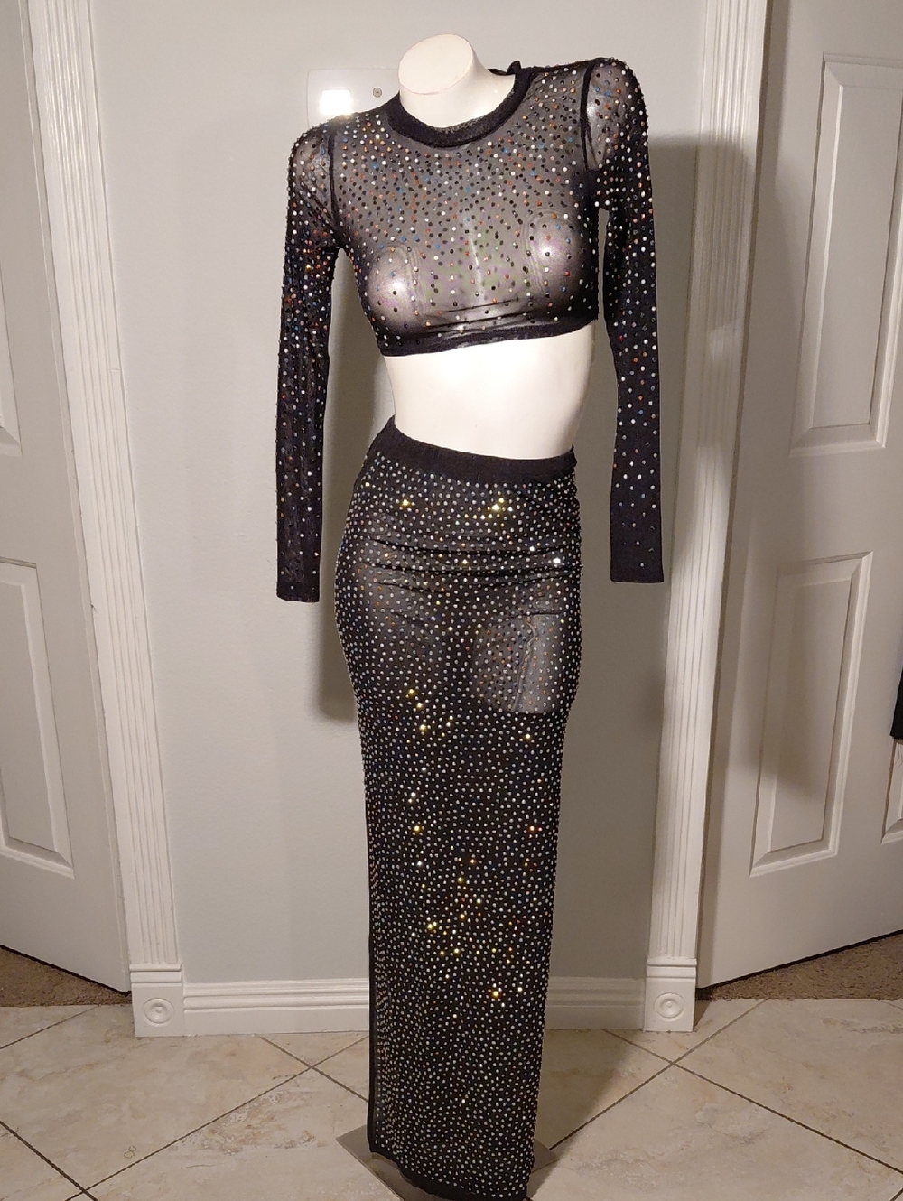 Black Rhinestone Embellished Sheer 3 Pc. Set
